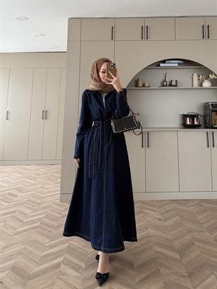 Önü Fermuarlı Kot Elbise Lacivert (705)