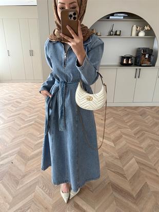 Önü Fermuarlı Kot Elbise Mavi (705) 