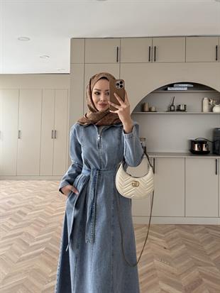 Önü Fermuarlı Kot Elbise Mavi (705) 