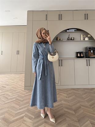 Önü Fermuarlı Kot Elbise Mavi (705) 