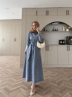 Önü Fermuarlı Kot Elbise Mavi (705) 