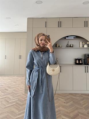 Önü Fermuarlı Kot Elbise Mavi (705) 