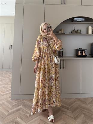 Orkide Pamuk Vual Elbise Sarı