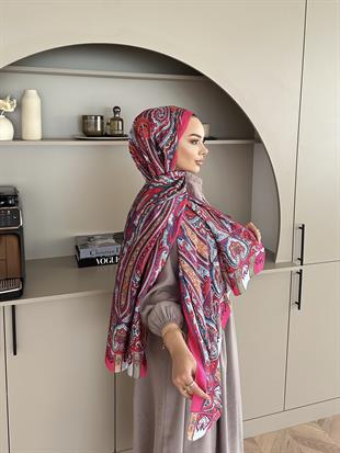 Otantik Desen İthal İpek Vual Şal Fuşya 