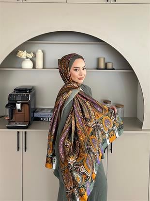 Otantik Desen İthal İpek Vual Şal Haki