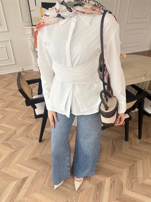 Panda Kuşaklı Gömlek Beyaz (8019)