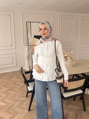 Panda Kuşaklı Gömlek Beyaz (8019)