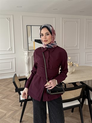 Panna Kuşaklı Gömlek Bordo (8019)