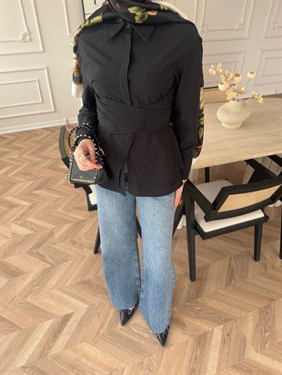 Panna Kuşaklı Gömlek Siyah (8019)