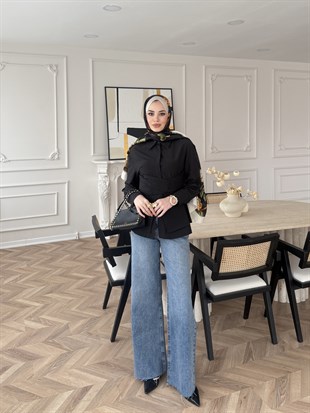 Panna Kuşaklı Gömlek Siyah (8019)