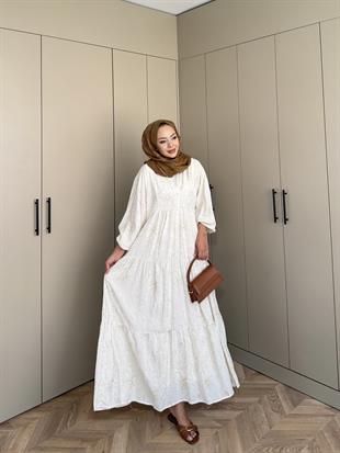 Papatya Viskon Elbise Ekru