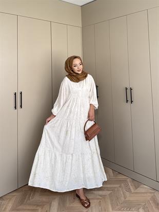 Papatya Viskon Elbise Ekru
