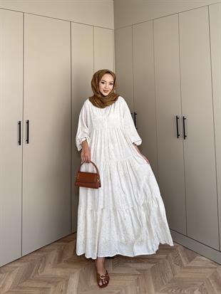 Papatya Viskon Elbise Ekru