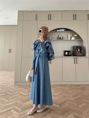 Pelerinli Kot Elbise Lacivert