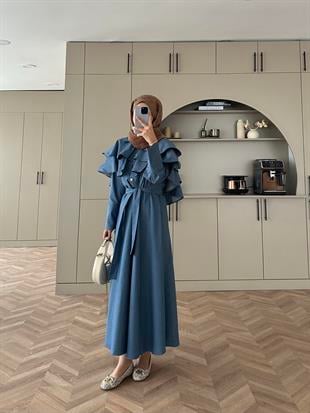 Pelerinli Kot Elbise Lacivert