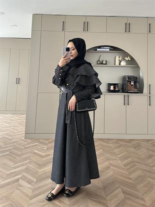 Pelerinli Kot Elbise Siyah