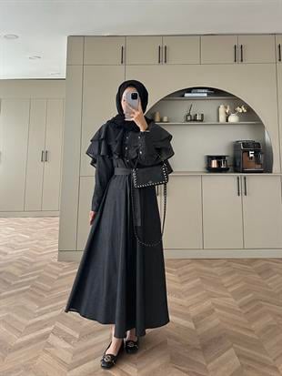 Pelerinli Kot Elbise Siyah