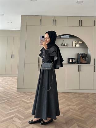 Pelerinli Kot Elbise Siyah