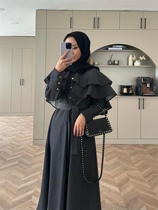 Pelerinli Kot Elbise Siyah