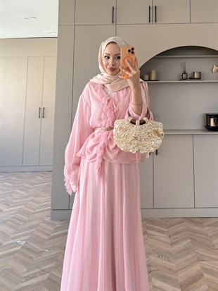 Penola Dantel Detaylı Etekli Takım Pembe (5796)