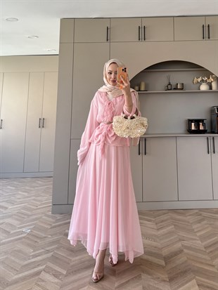 Penola Dantel Detaylı Etekli Takım Pembe (5796)