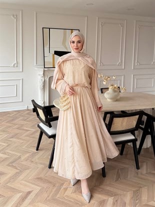 Pera İncili Etekli Takım Bej (5760)