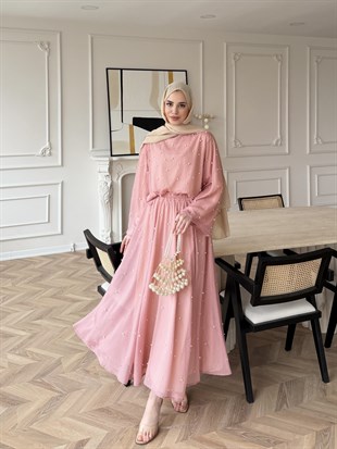 Pera İncili Etekli Takım Pembe (5760)