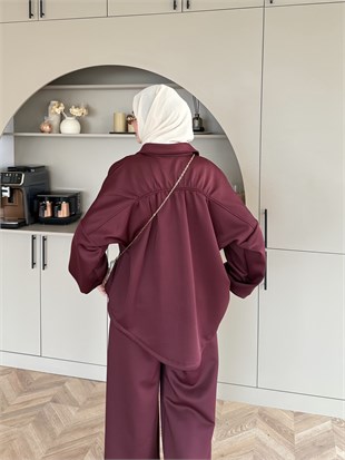 Peral Scuba Büzgülü Pantolonlu Takım Mürdüm (9011)