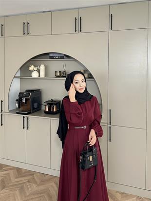 Perla Kalın Kemerli Tensel Elbise Bordo