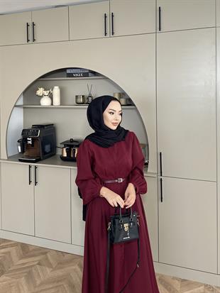 Perla Kalın Kemerli Tensel Elbise Bordo