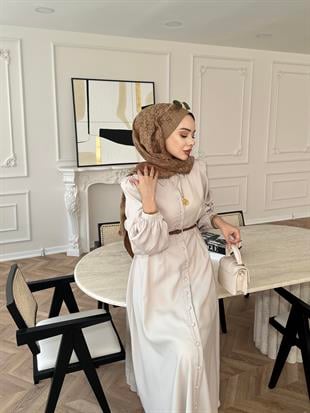 Perla Kalın Kemerli Tensel Elbise Bej