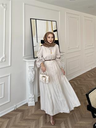 Perla Kalın Kemerli Tensel Elbise Bej