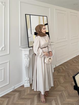 Perla Kalın Kemerli Tensel Elbise Bej