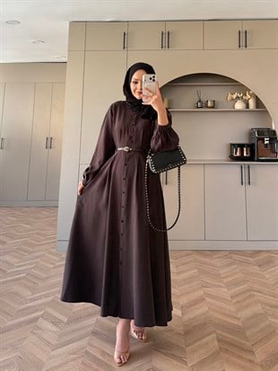 Perla Kemerli Elbise Acı Kahve 