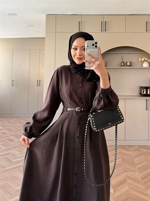 Perla Kemerli Elbise Acı Kahve 