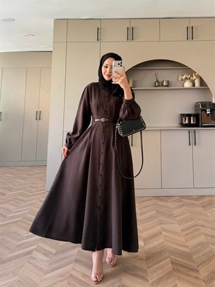Perla Kemerli Elbise Acı Kahve 