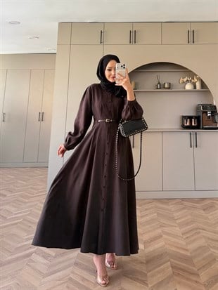 Perla Kemerli Elbise Acı Kahve 