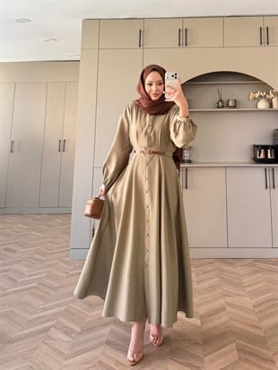 Perla Kemerli Elbise Haki 