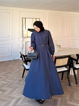 Perla Kemerli Elbise Lacivert