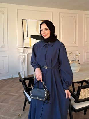 Perla Kemerli Elbise Lacivert