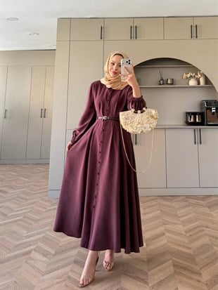 Perla Kemerli Elbise Mürdüm 