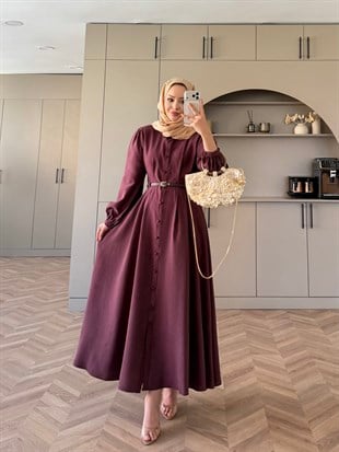 Perla Kemerli Elbise Mürdüm 