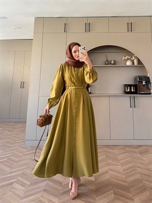 Perla Kemerli Elbise Yağ Yeşili 