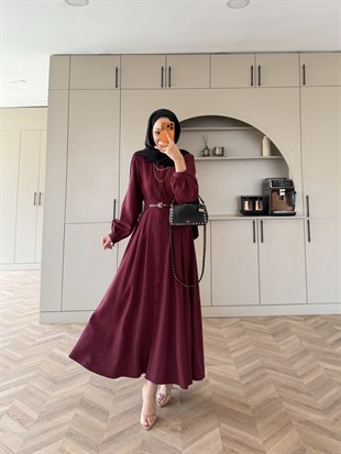 Perla Kemerli Tensel Elbise Bordo (7057)