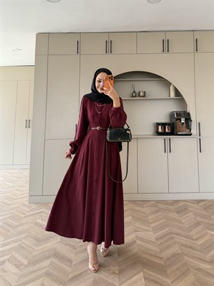 Perla Kemerli Tensel Elbise Bordo (7057)