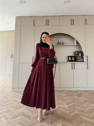 Perla Kemerli Tensel Elbise Bordo (7057)