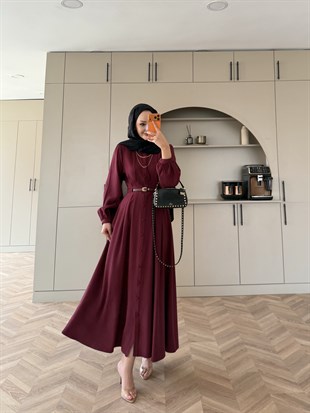 Perla Kemerli Tensel Elbise Bordo (7057)