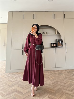 Perla Kemerli Tensel Elbise Bordo (7057)