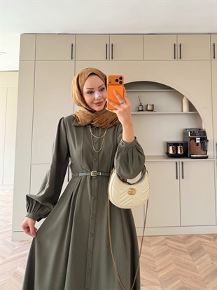 Perla Kemerli Tensel Elbise Haki (7057)