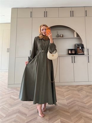 Perla Kemerli Tensel Elbise Haki (7057)